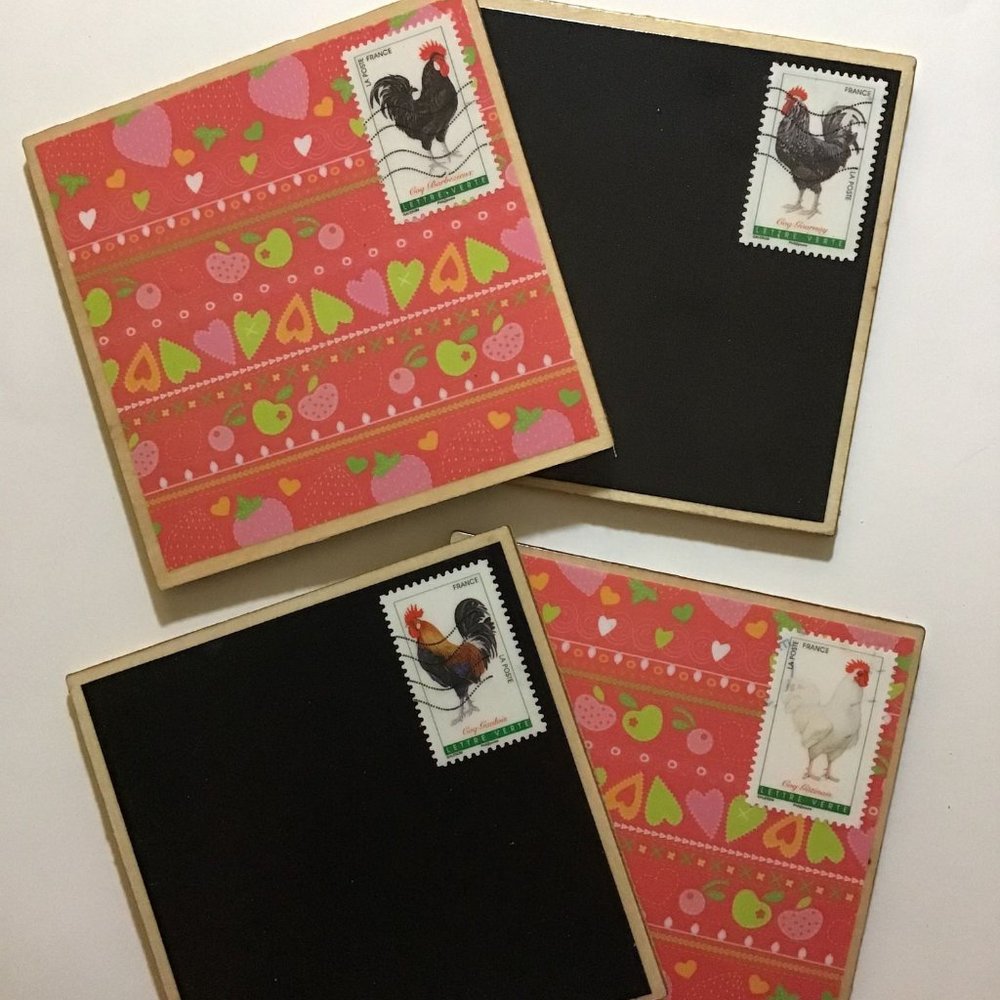 Rooster Coasters, 4 pack, Postage Stamp Wood Coaster Set with Cork Backing, Drin